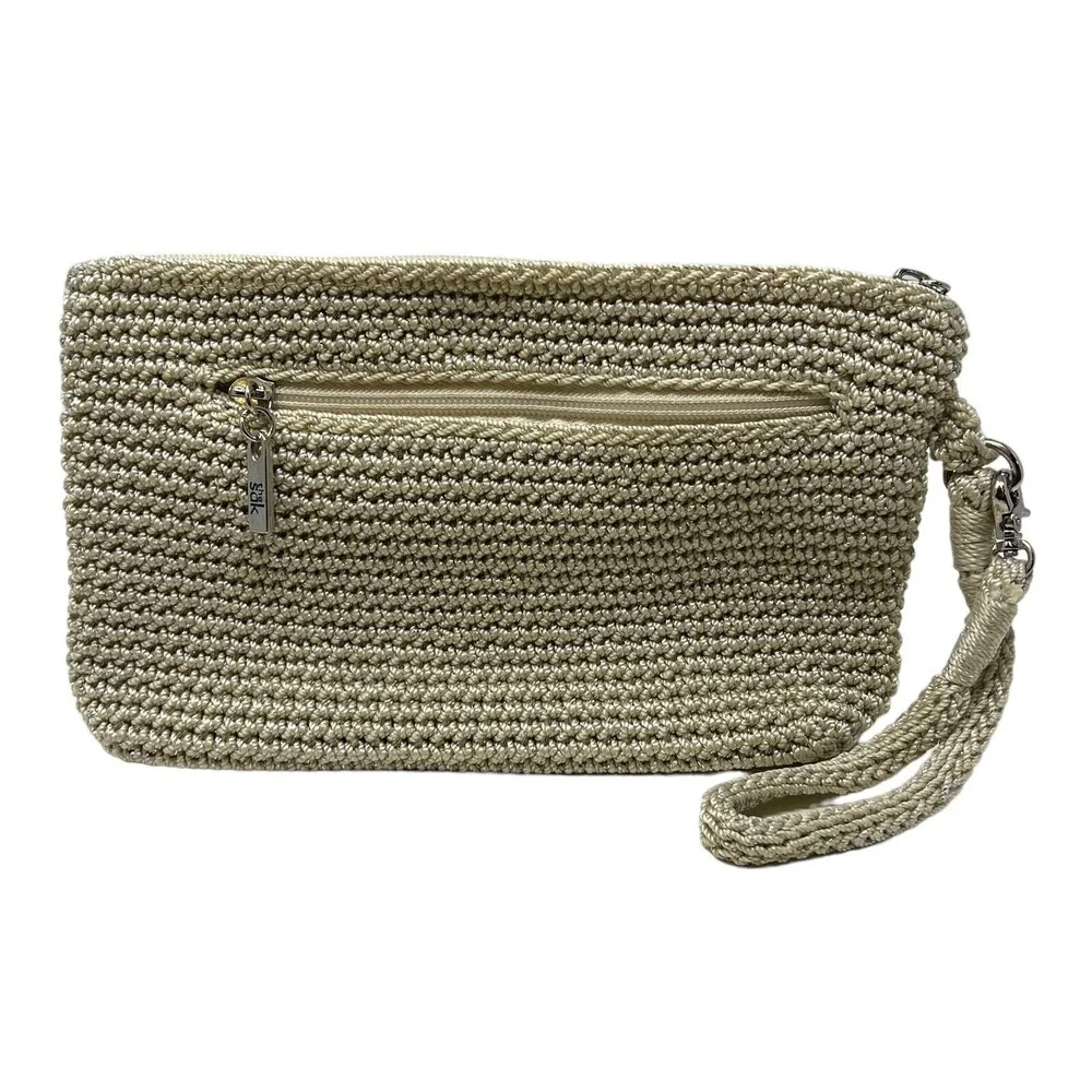 The Sak Crochet Wristlet Womens OS Champagne Gold‎ Excellent Metallic Iris Pouch